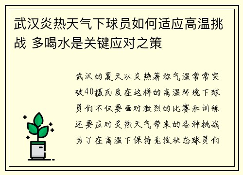 武汉炎热天气下球员如何适应高温挑战 多喝水是关键应对之策