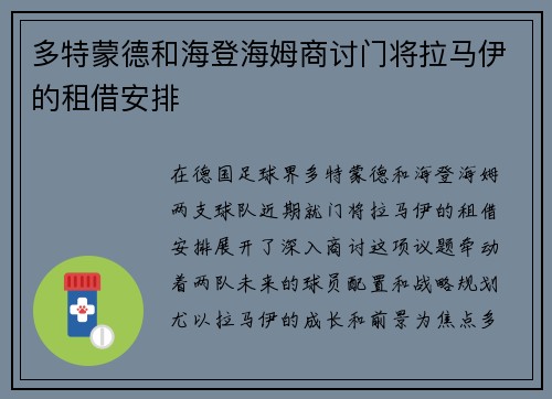 多特蒙德和海登海姆商讨门将拉马伊的租借安排