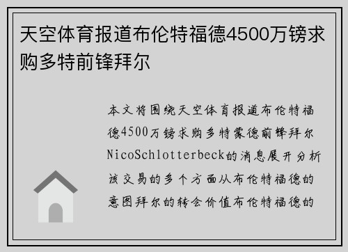 天空体育报道布伦特福德4500万镑求购多特前锋拜尔