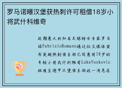 罗马诺曝汉堡获热刺许可租借18岁小将武什科维奇