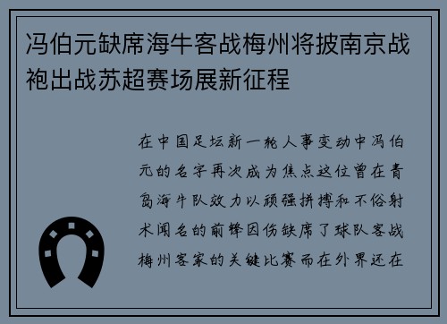 冯伯元缺席海牛客战梅州将披南京战袍出战苏超赛场展新征程